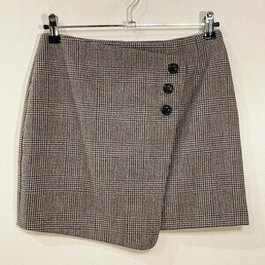 New Sézane Peter Plaid Wool Blend Wrap Mini Skirt Black Ecru 36, S